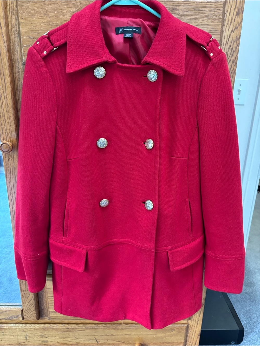 INC International Concepts Red Double-Breasted Peacoat with Decorative Buttons